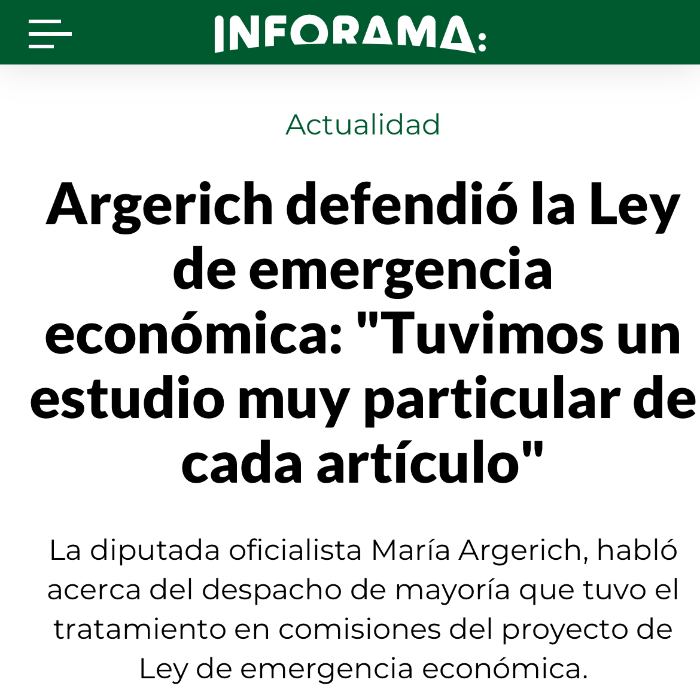 Argerich defendió la Ley de emergencia económica: «Tuvimos un estudio muy particular de cada artículo»