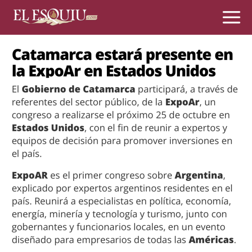 Catamarca estará presente en la ExpoAr en Estados Unidos